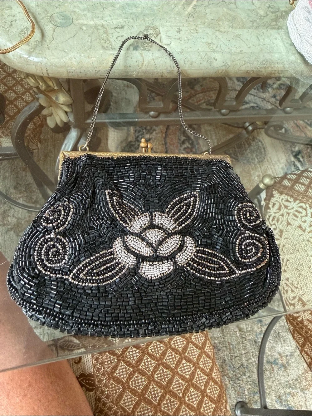 Vintage Beaded Black Evening Handbag with Silver Accents